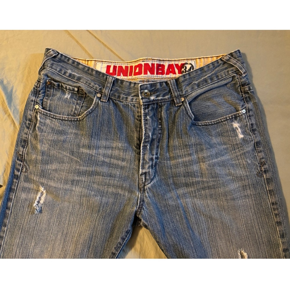 Unionbay Mens Distressed Straight Leg Blue Denim Jeans 34x34 Vintage Y2K Style - Picture 4 of 13
